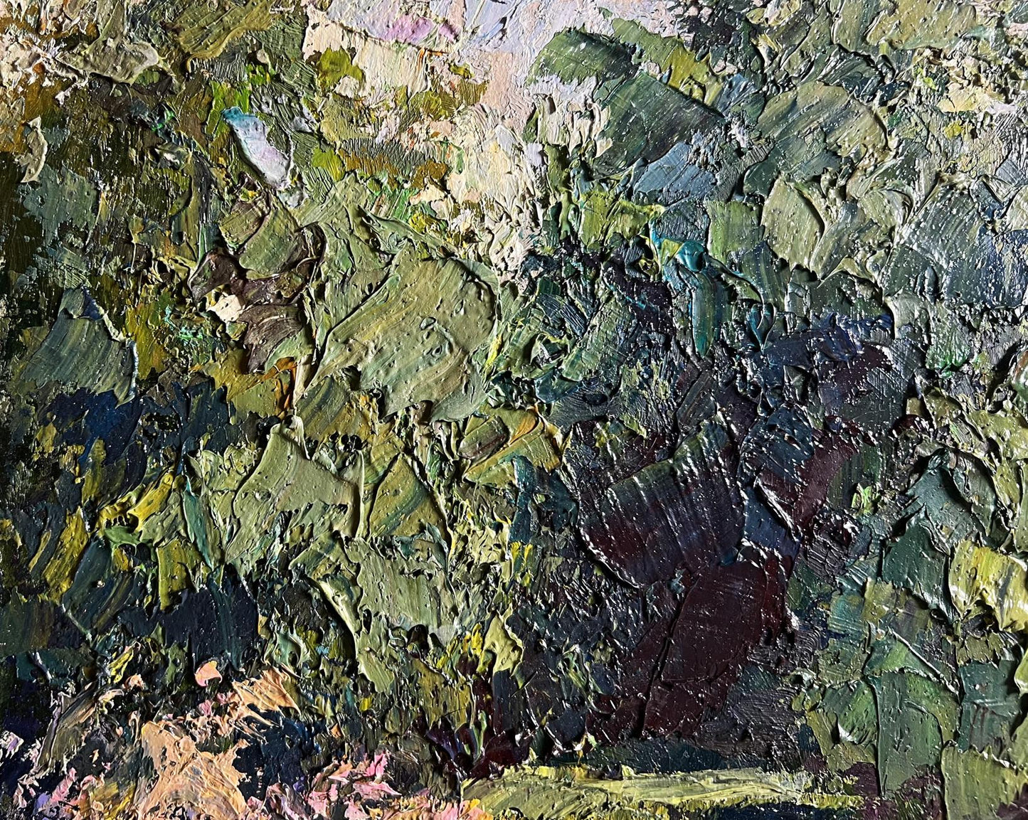 Oil painting In the Forest Pond by Boris Serdyuk with textured green impasto