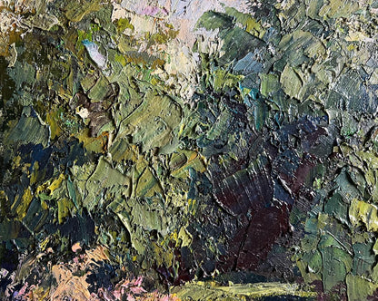 Oil painting In the Forest Pond by Boris Serdyuk with textured green impasto