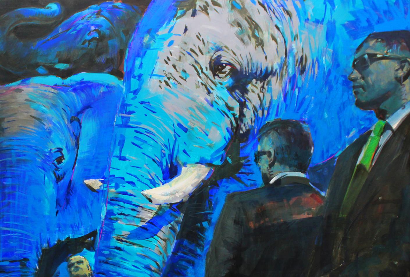 Oil painting Bodyguards by Ed Potapenkov: blue elephant with tusks and suited men