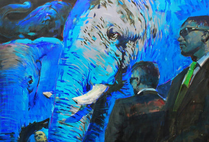 Oil painting Bodyguards by Ed Potapenkov: blue elephant with tusks and suited men