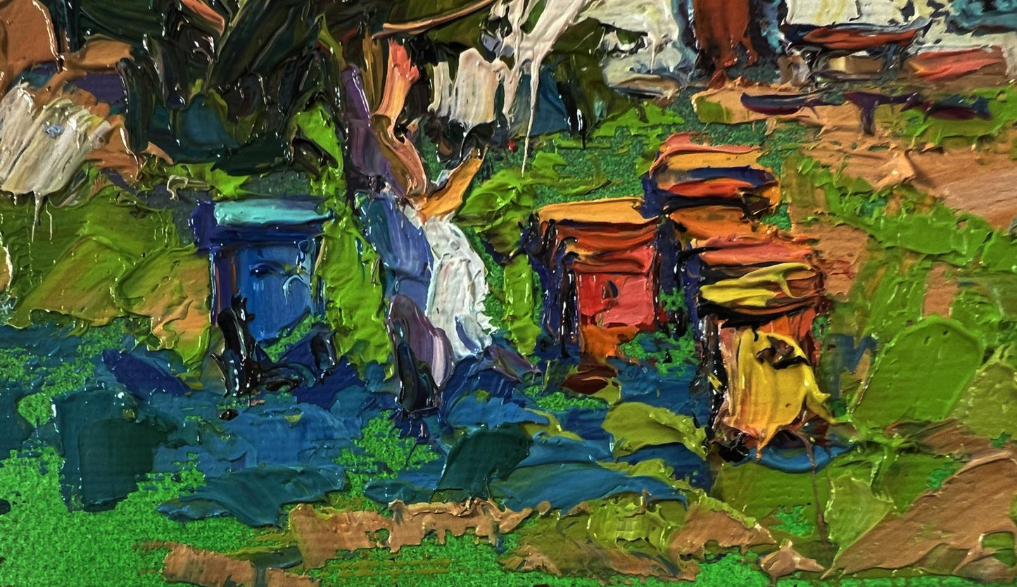 Vibrant oil painting Apiary in the Yard by Oksana Ivanyuk with colorful beehives