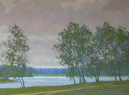 Oil painting Evening wind in the forest by Valery Savenets serene river landscape