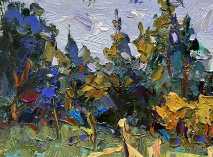 Vibrant impressionist oil painting of Oksana Ivanyuk house near forest
