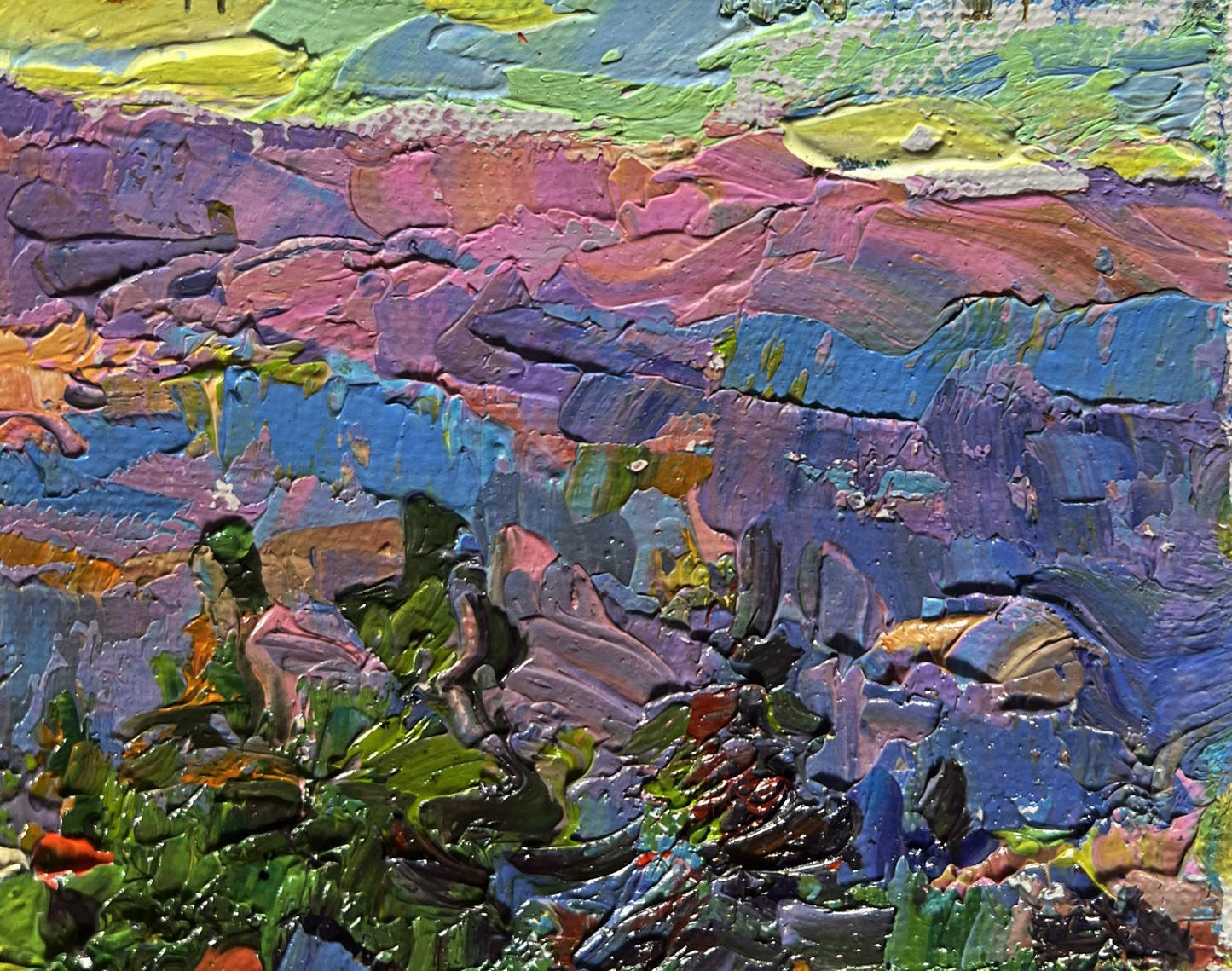 Vibrant impressionist oil painting of mountains bathed in summer sun by Oleksiy Ivanyuk