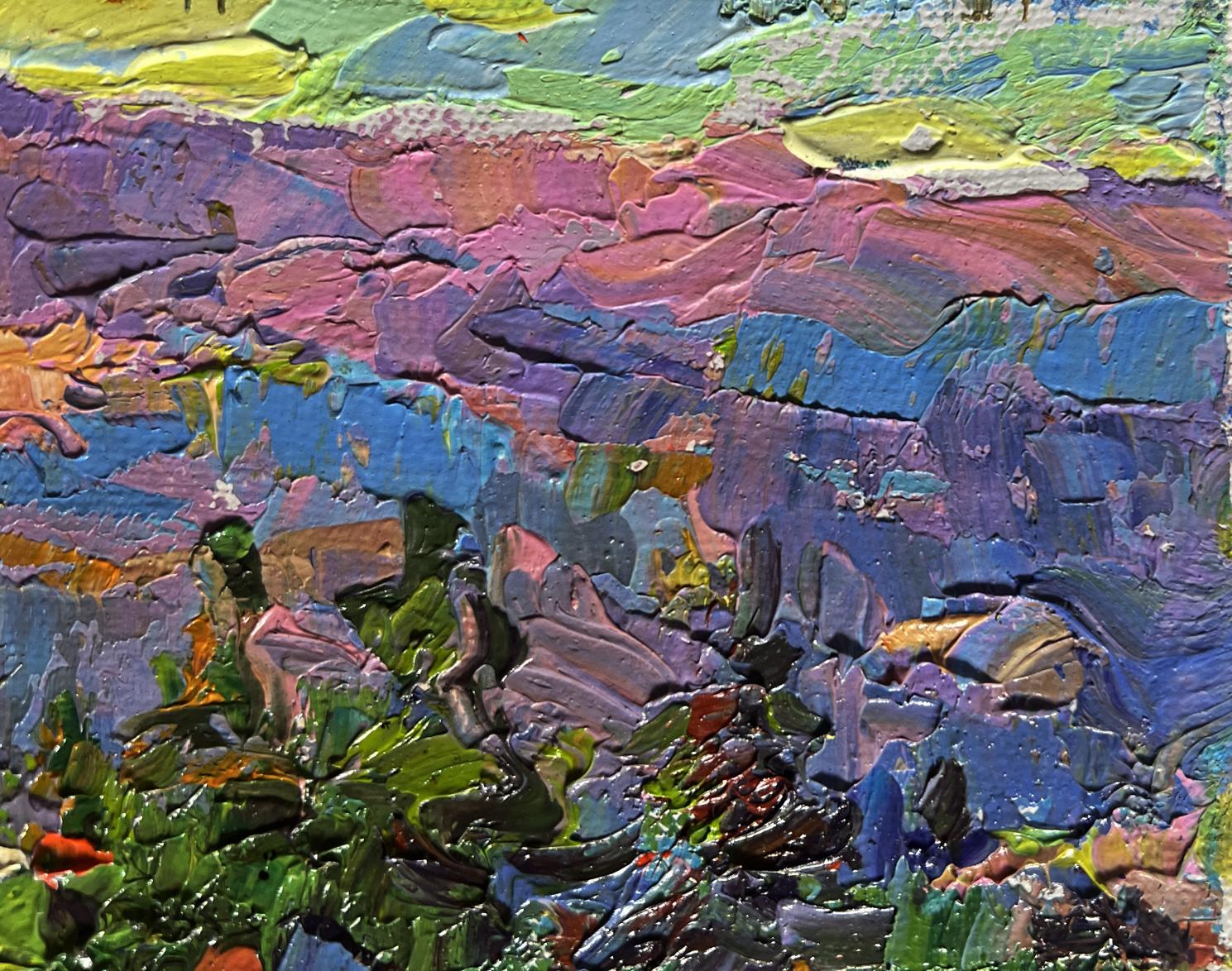Vibrant impressionist oil painting of mountains bathed in summer sun by Oleksiy Ivanyuk