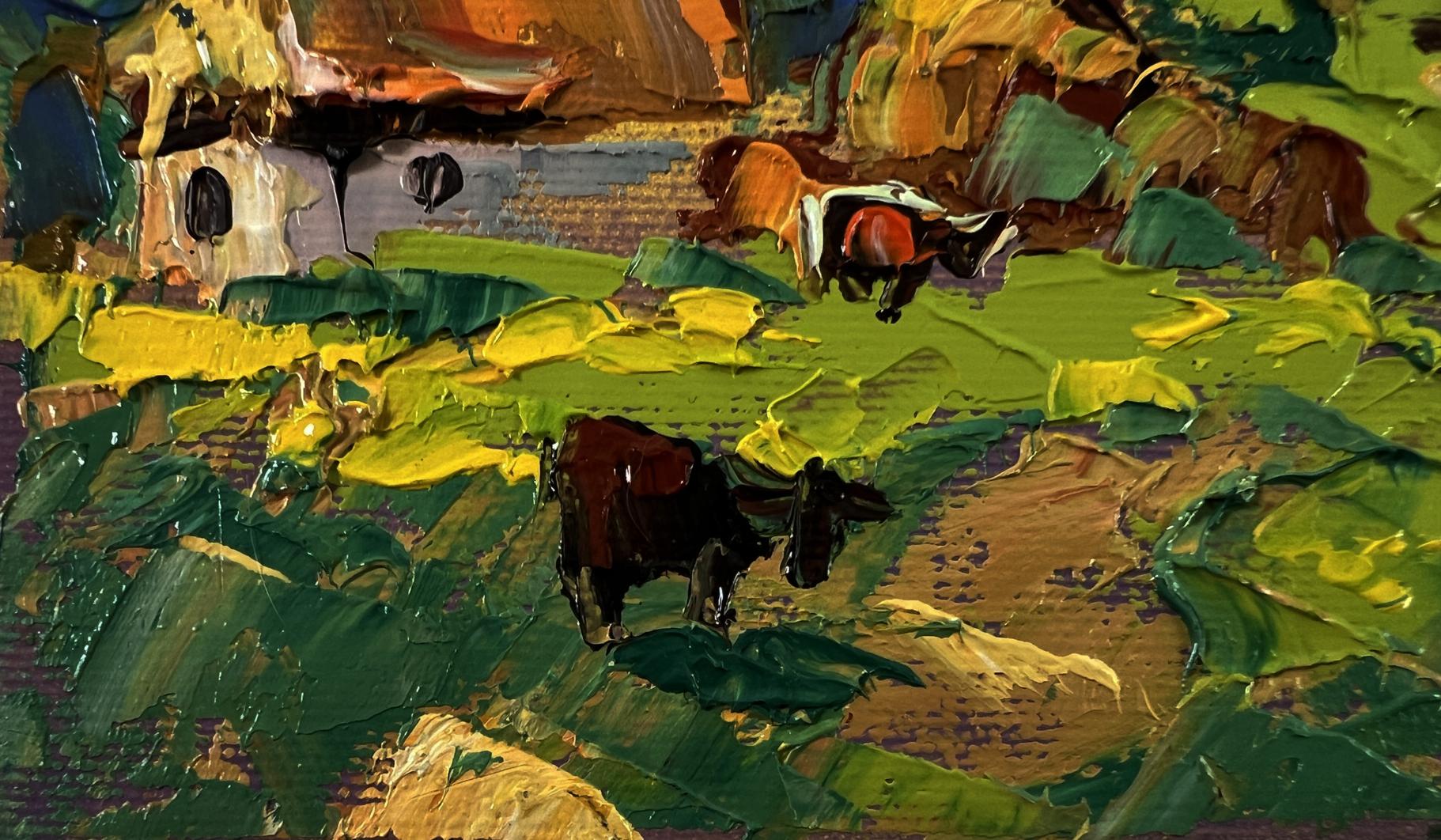 Vibrant impressionist oil painting by Oleksiy Ivanyuk of two cows in lush field