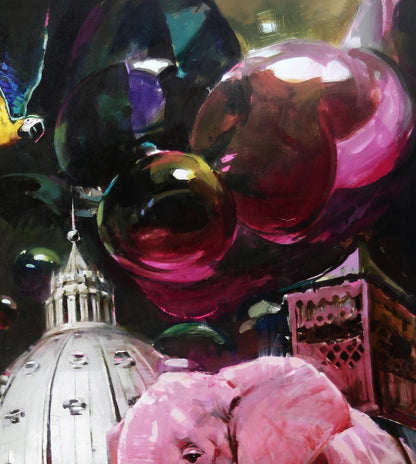 Vibrant pink purple balloons over US oil painting Show Must Go On Ed Potapenkov