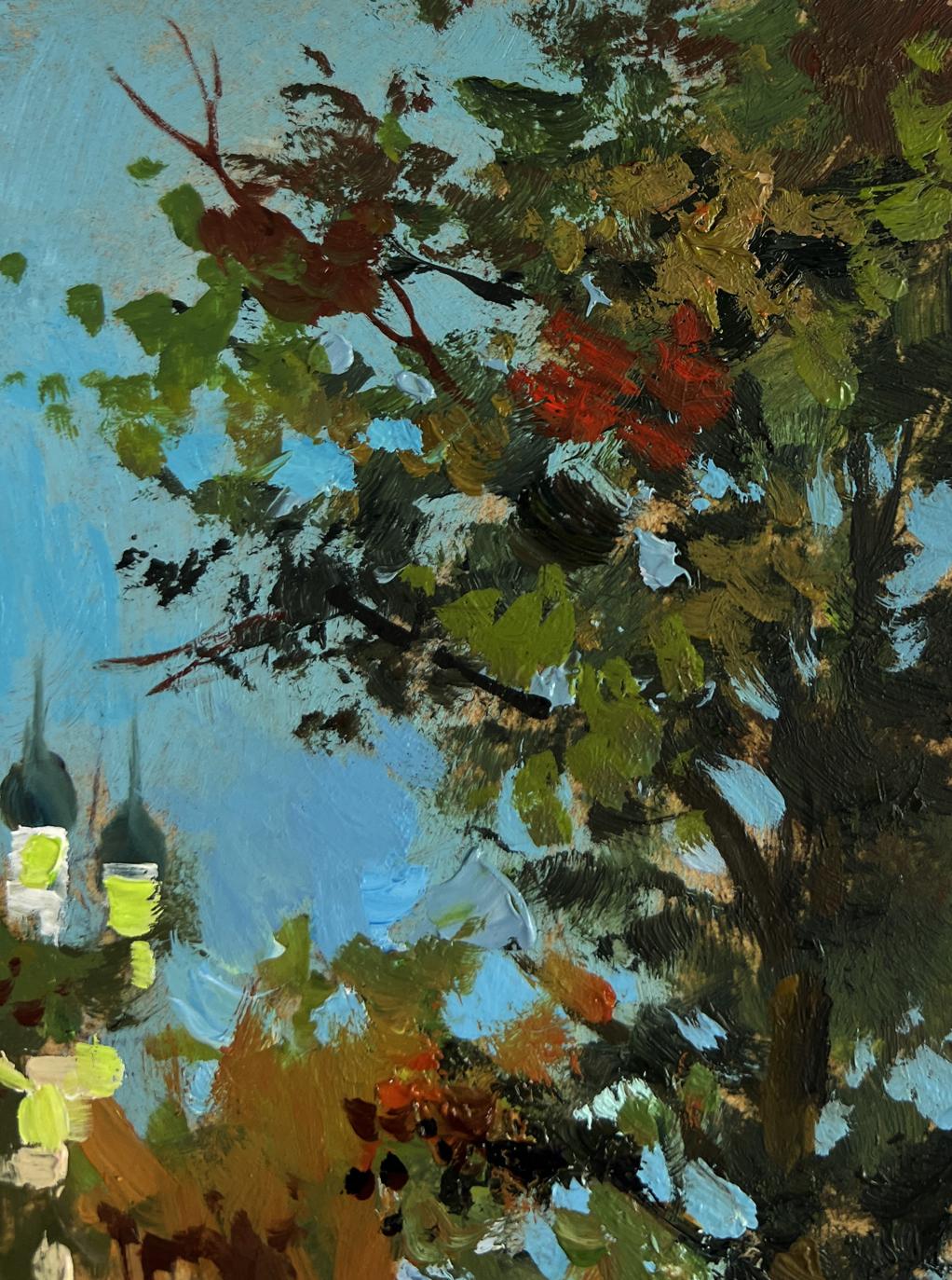 Vibrant impressionist oil painting of Yuriy Suprunchuk Towers of the monastery with green tree and red berries