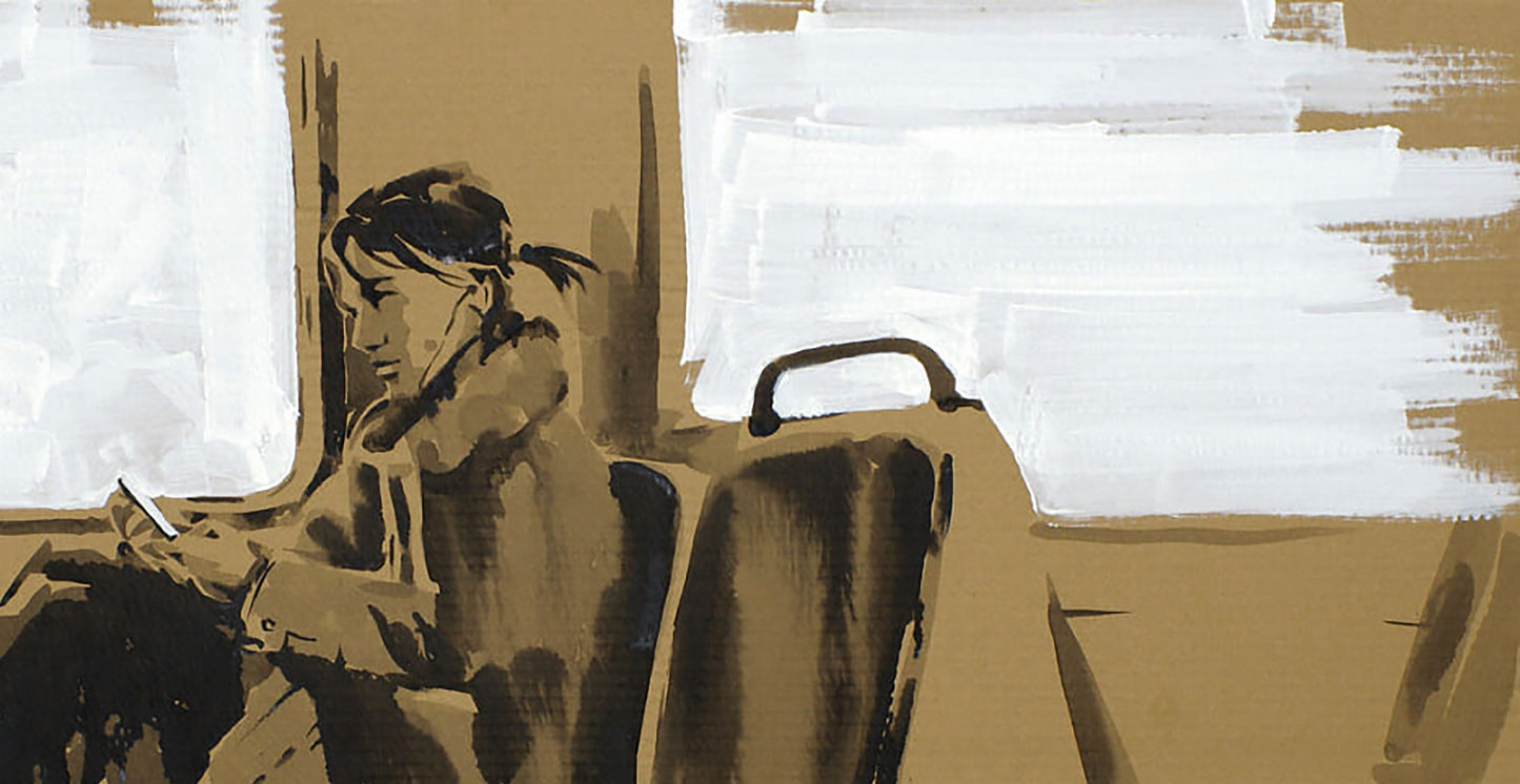 Stylized acrylic painting Electric Train by Dima Filatov, person on transport