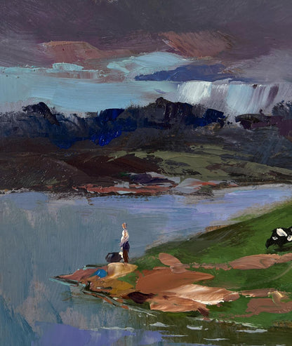 Oil painting by Yuriy Suprunchuk: village on quiet shore with lone figure