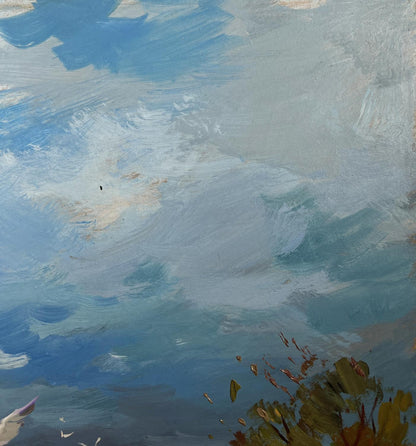 Oil painting Bound by the Current by Yuriy Suprunchuk, impressionistic sky over foliage
