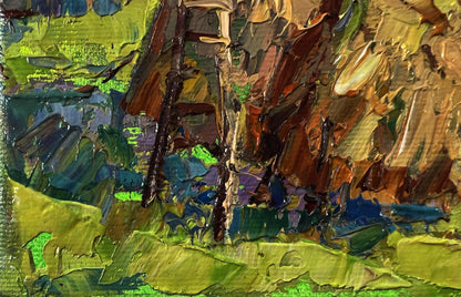 Oil painting Quiet village days by Oksana Ivanyuk with green, brown, blue strokes