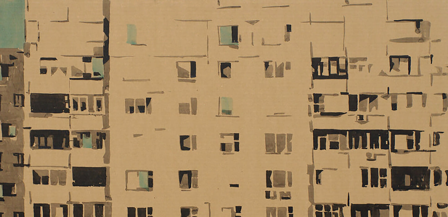 Watercolor painting of beige apartment building with black teal window frames by Mom Dima Filatov