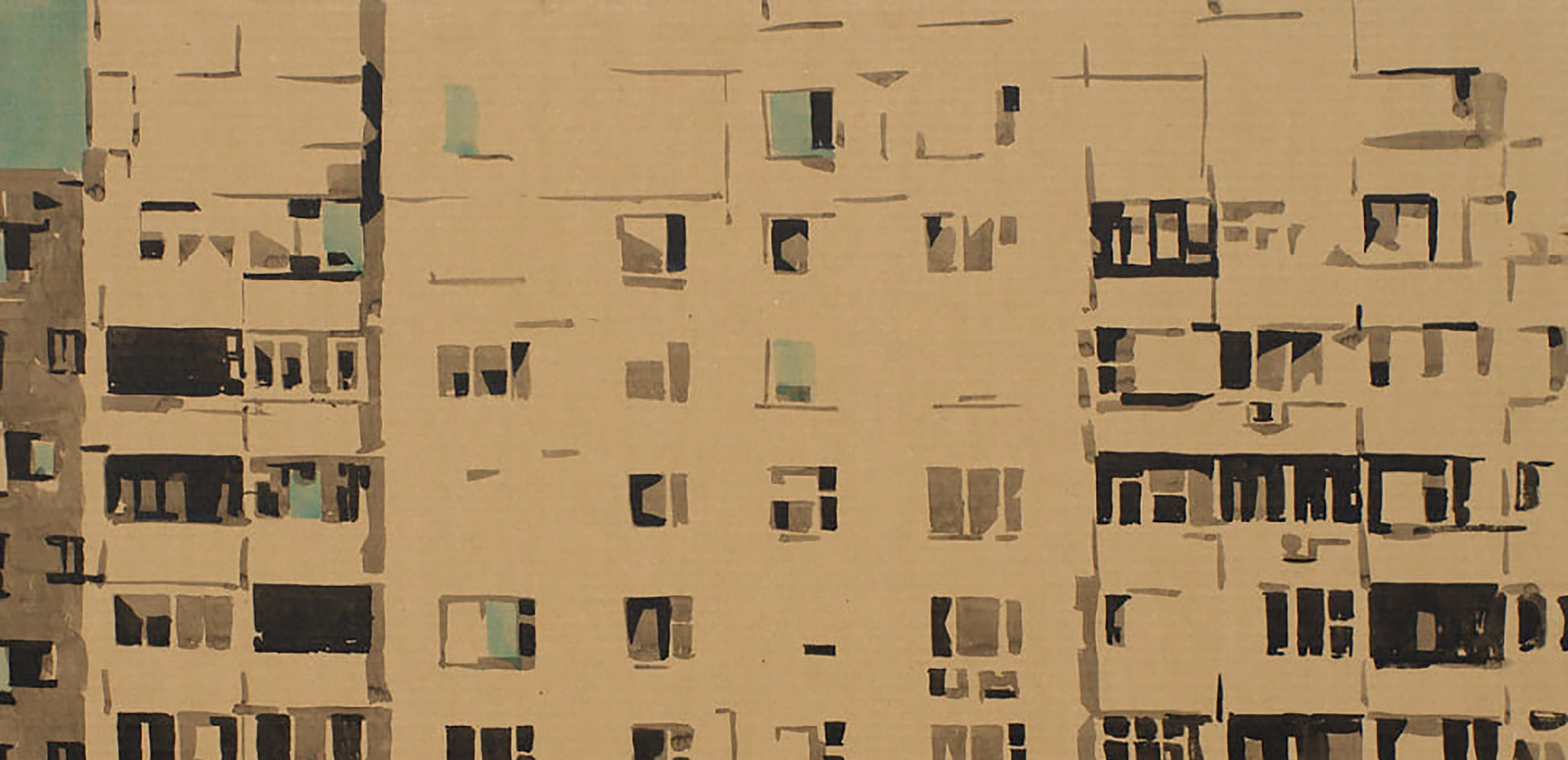 Watercolor painting of beige apartment building with black teal window frames by Mom Dima Filatov