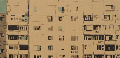 Watercolor painting of beige apartment building with black teal window frames by Mom Dima Filatov