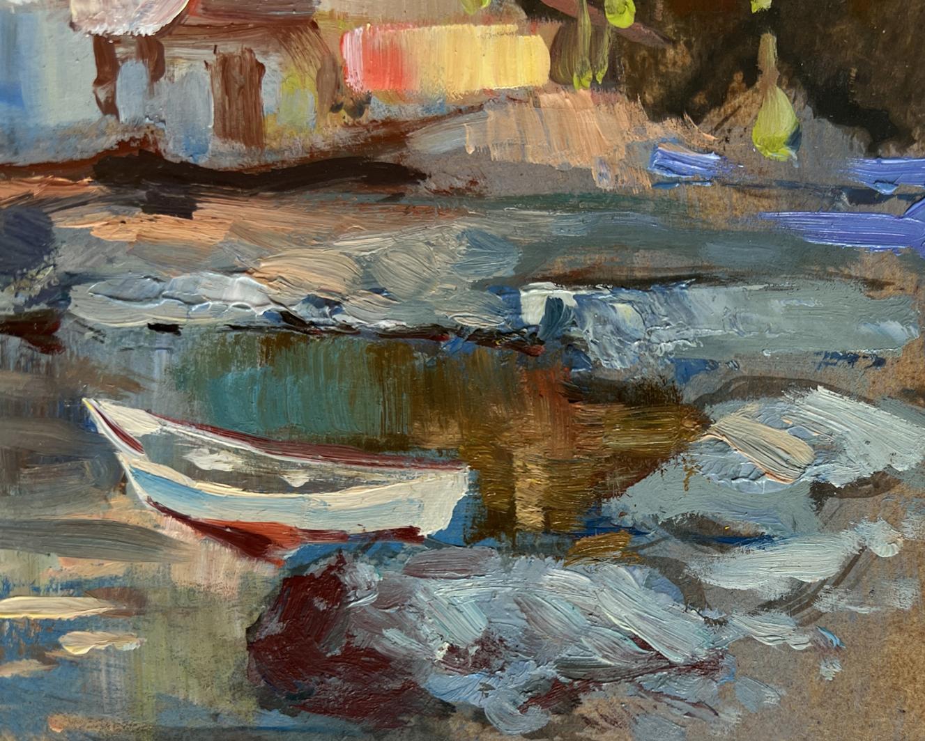 Oil painting Coastal peace by Yuriy Suprunchuk: small white boat on textured water