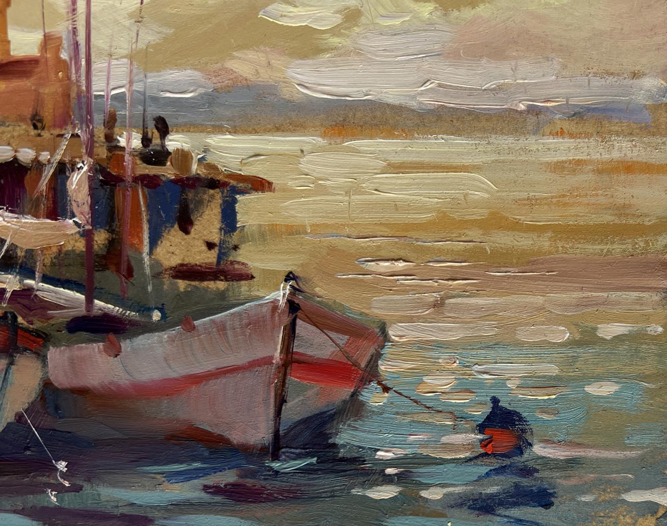 Oil painting of white boat with red trim at sunset by Yuriy Suprunchuk