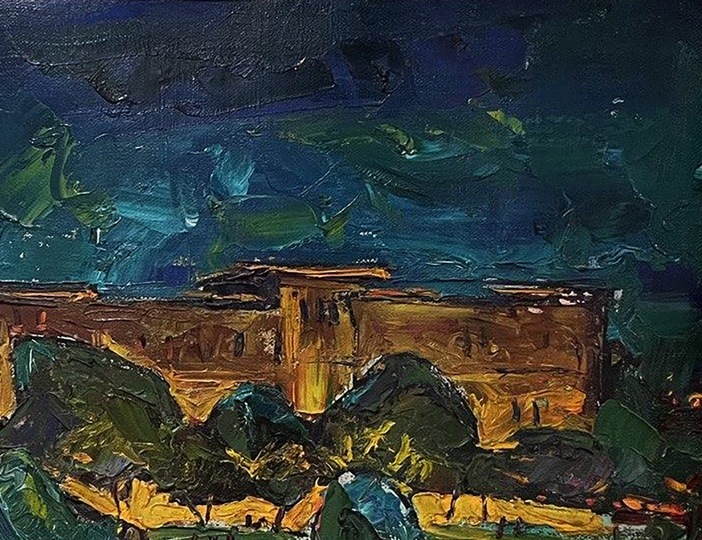 Oil painting Night Istanbul by Oleksandr Andreev, golden fortress under swirling sky