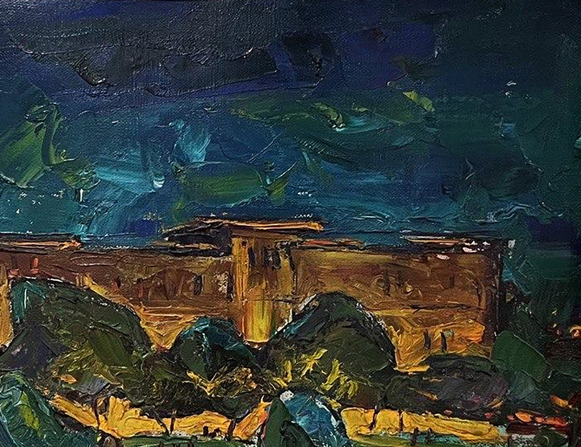 Oil painting Night Istanbul by Oleksandr Andreev, golden fortress under swirling sky