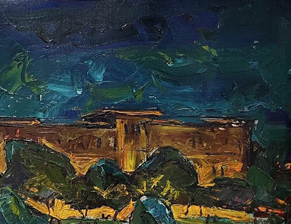 Oil painting Night Istanbul by Oleksandr Andreev, golden fortress under swirling sky