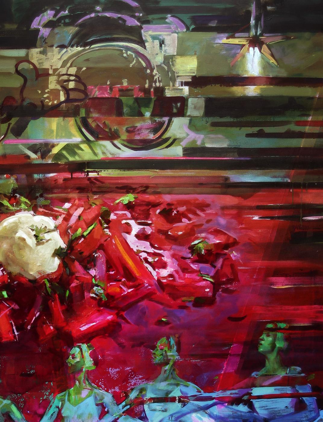 Oil painting Borsch by Ed Potapenkov with bold reds, greens, purples