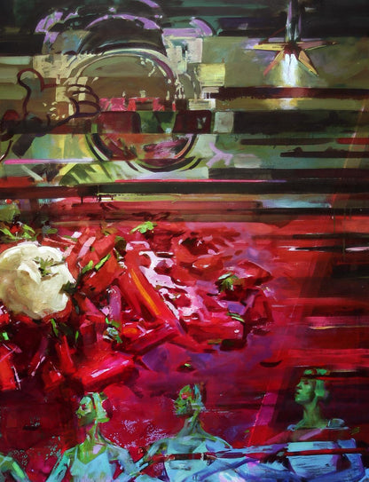 Oil painting Borsch by Ed Potapenkov with bold reds, greens, purples