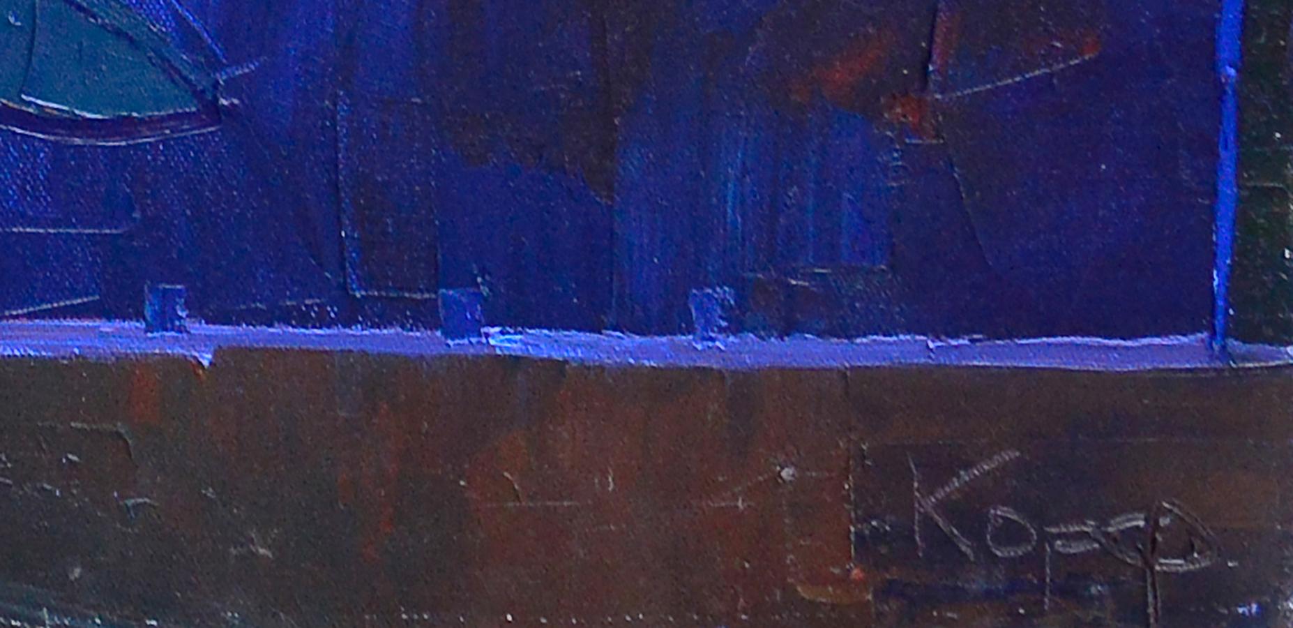 Deep blue and rust abstract oil painting by Natalia Korf-Ivaniuk