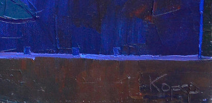 Deep blue and rust abstract oil painting by Natalia Korf-Ivaniuk