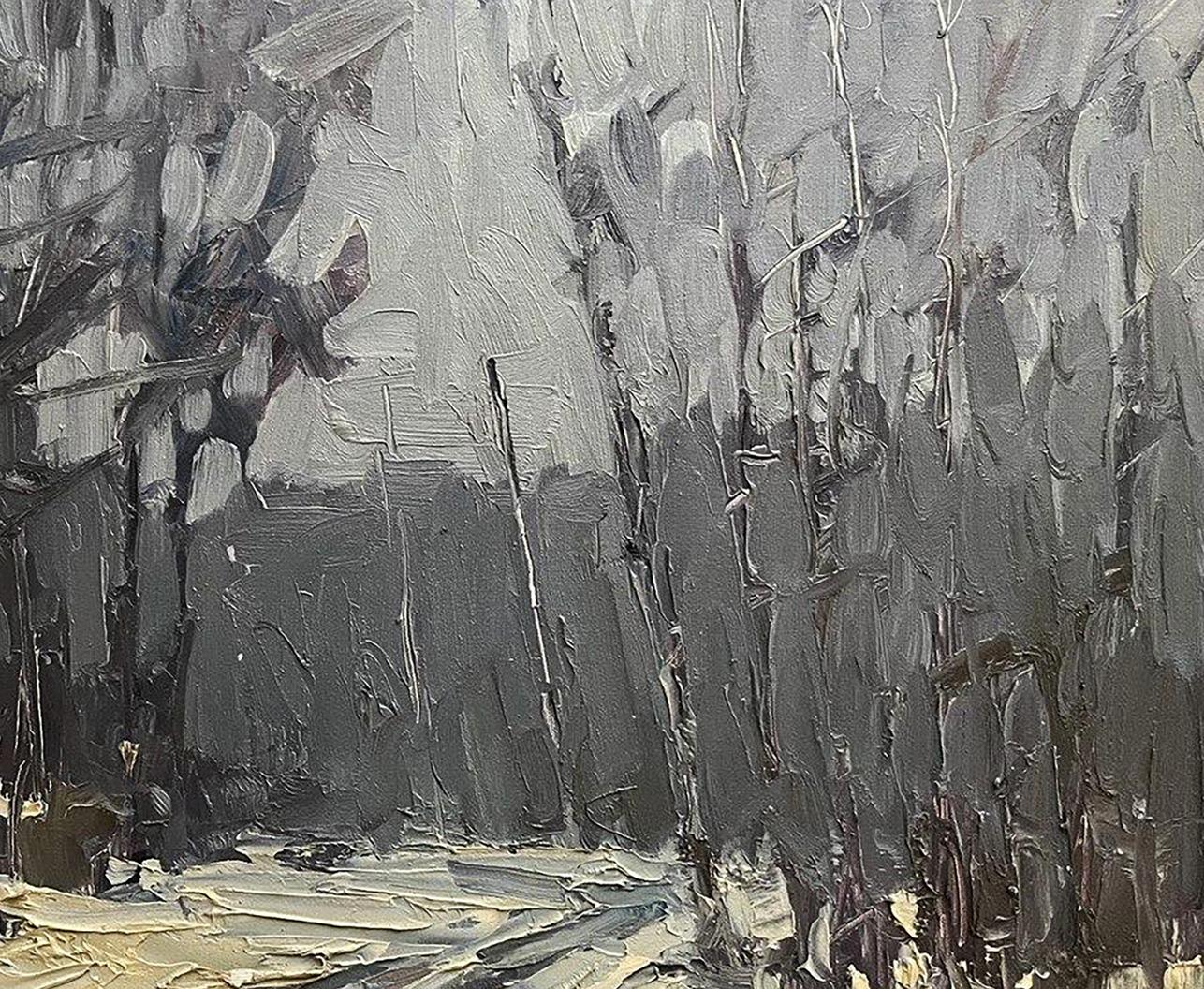 Abstract gray black oil painting In the winter forest by Volodymyr Pashchenko