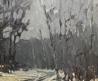 Abstract gray black oil painting In the winter forest by Volodymyr Pashchenko