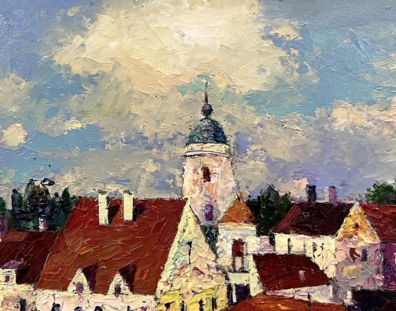 Oil painting by Serhiy Rybak: European city church tower above rooftops