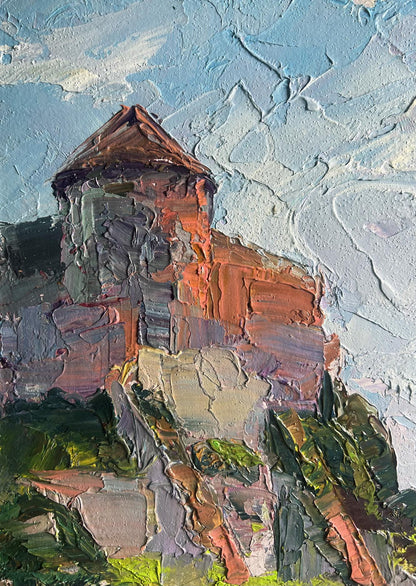 Oil painting Fortress by the Sea by Boris Serdyuk, stone tower with red roof