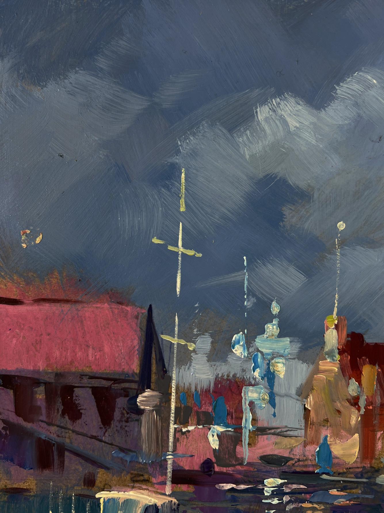 Vibrant oil painting City on the Water by Yuriy Suprunchuk with bold blues reds whites
