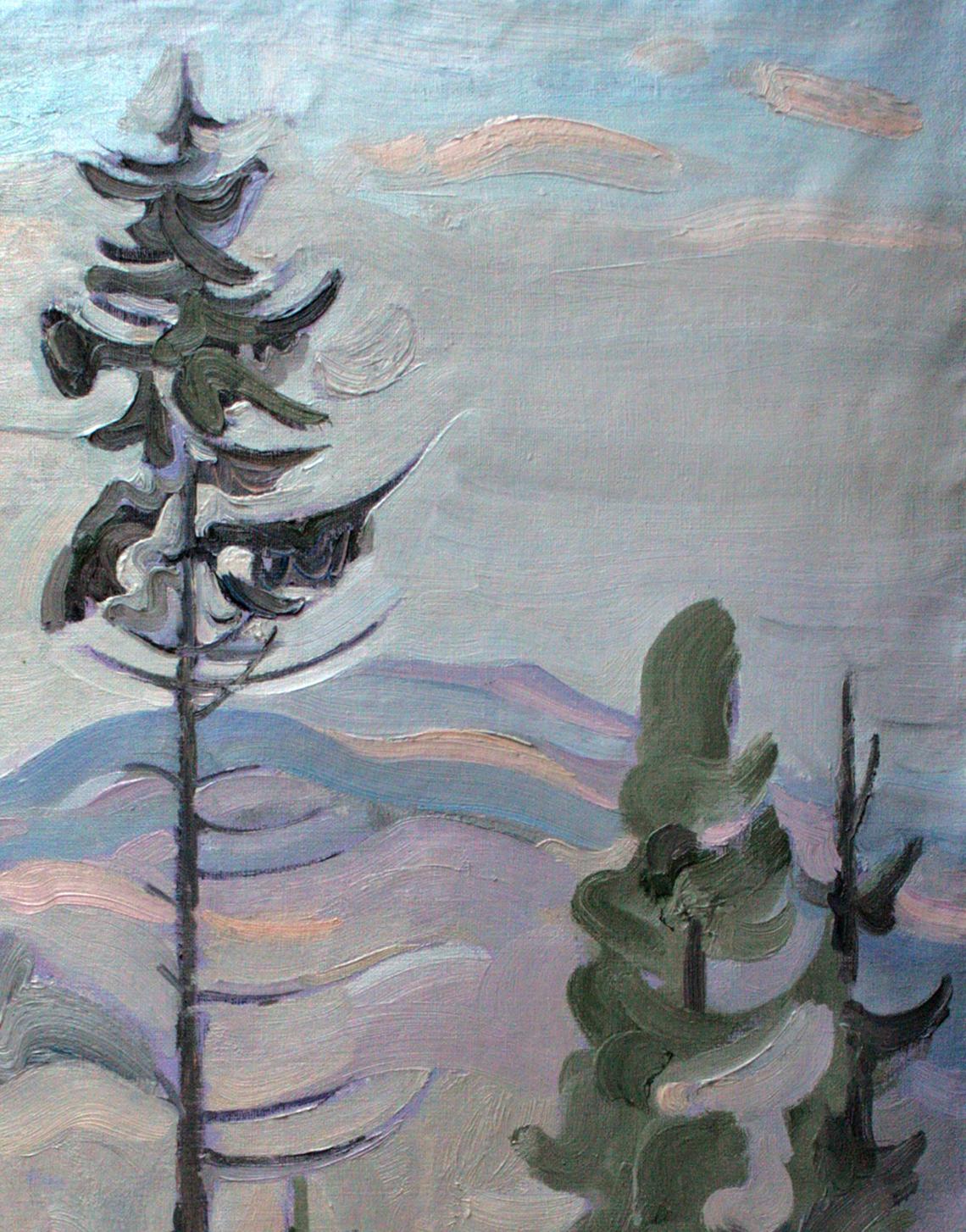 Oil painting Spruce by Leonid Pavlenko: snow-dusted evergreens in impressionist style