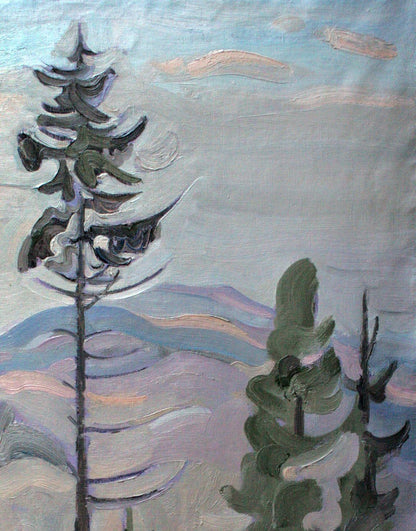 Oil painting Spruce by Leonid Pavlenko: snow-dusted evergreens in impressionist style