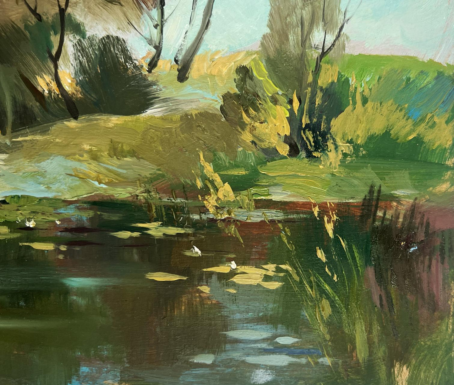 Vibrant impressionist oil painting of village lake with lily pads by Yuriy Suprunchuk