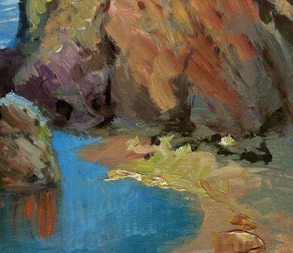 Vibrant impressionist oil painting by Yuriy Suprunchuk of waves crashing on rocks