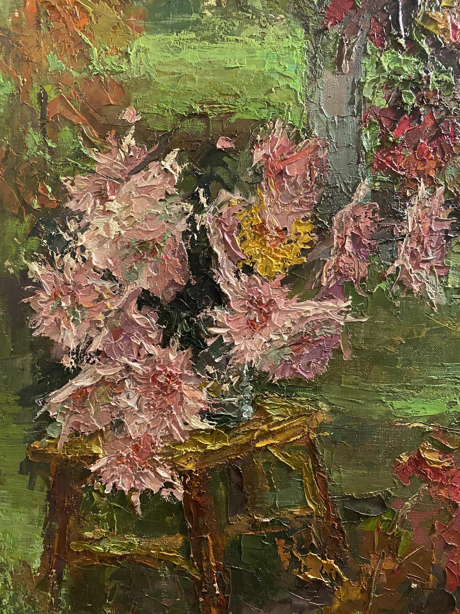 Oil painting Autumn in the garden by Nikolai Kononenko with pink yellow flowers