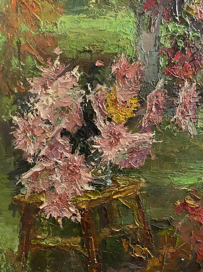 Oil painting Autumn in the garden by Nikolai Kononenko with pink yellow flowers