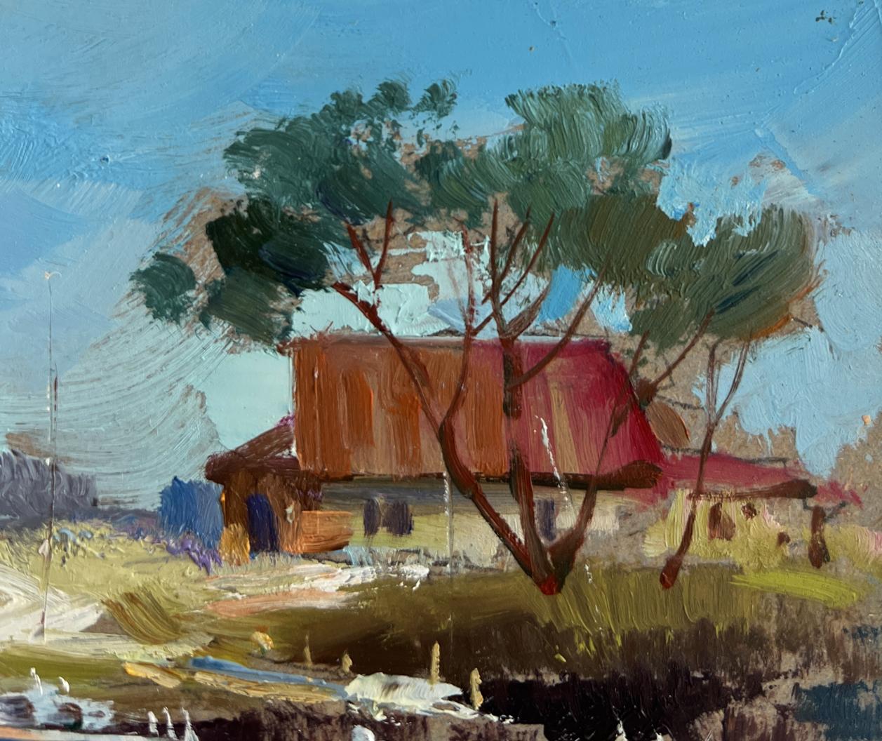 Oil painting of sailboats on shore by Yuriy Suprunchuk with rustic house