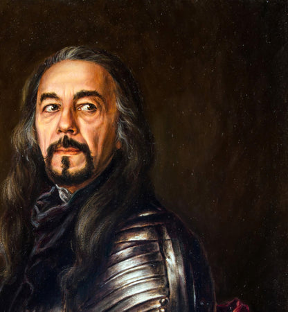 Oil painting self-portrait in knights armor by Valeriy Bulat