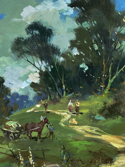Oil painting by Yuriy Suprunchuk: rustic horse pulls cart on sunlit green hillside