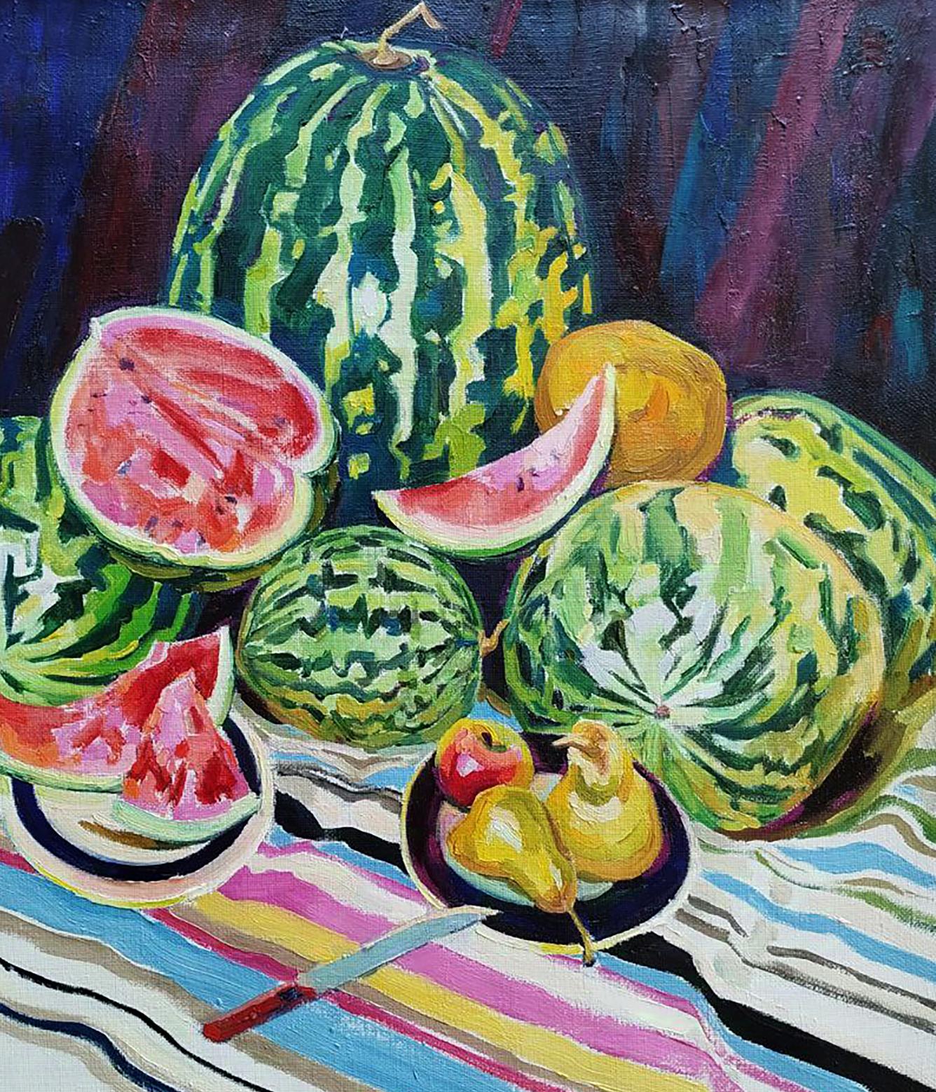 Oil painting of vibrant watermelons with pears by Leonid Pavlenko