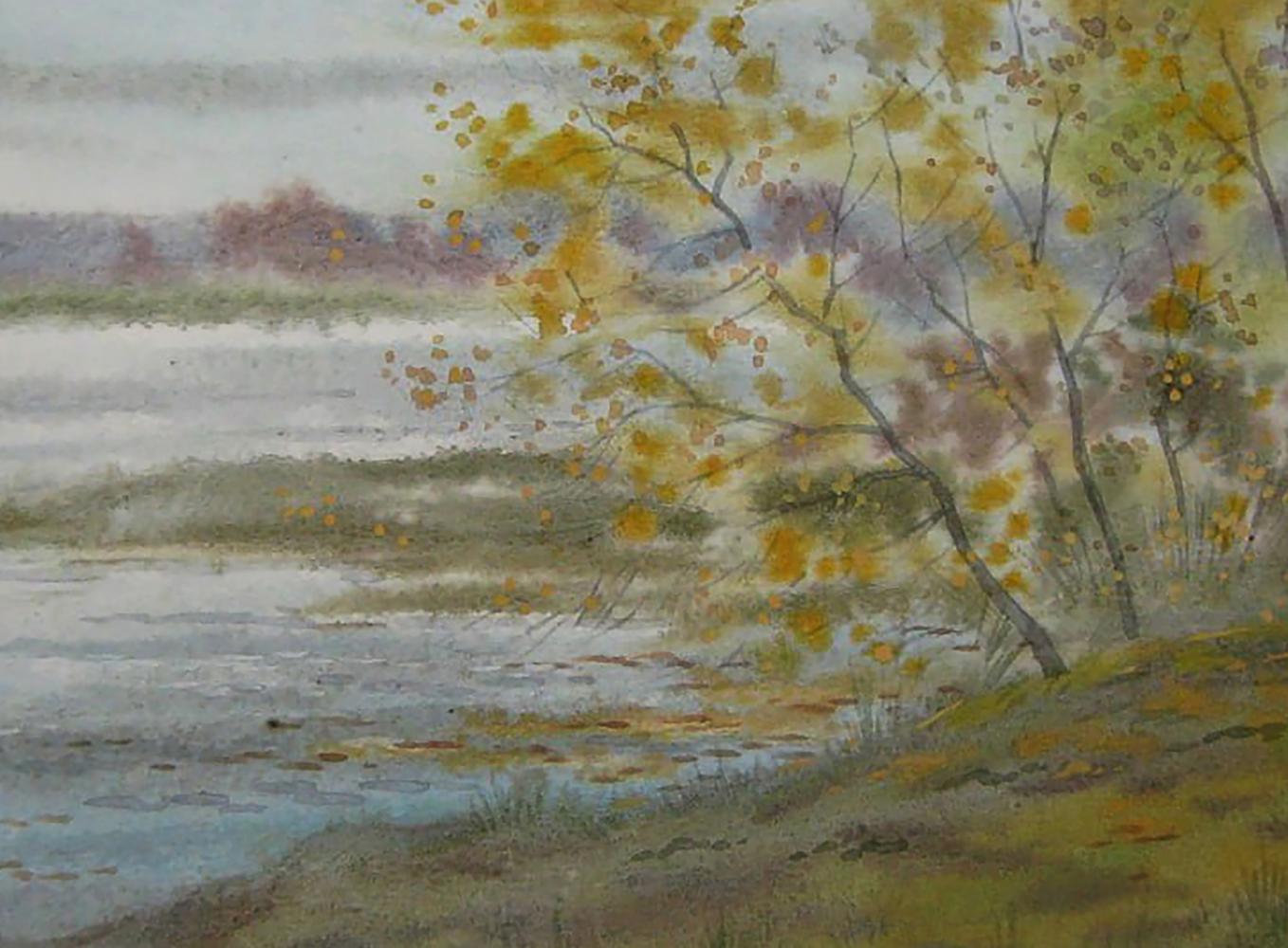 Watercolor painting of autumn tree by river by Valery Savenets