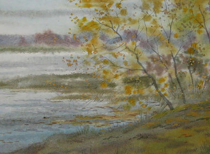 Watercolor painting of autumn tree by river by Valery Savenets