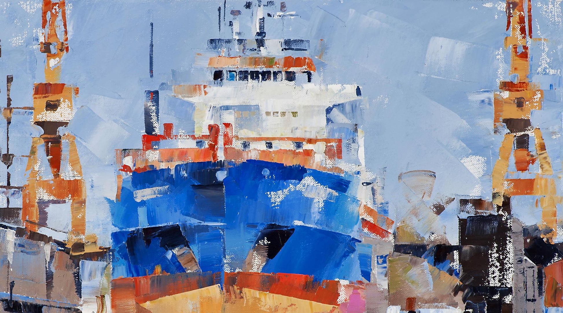 Oil painting of vibrant blue orange cargo ship Eileen C by Volodymyr Gluhomanyuk
