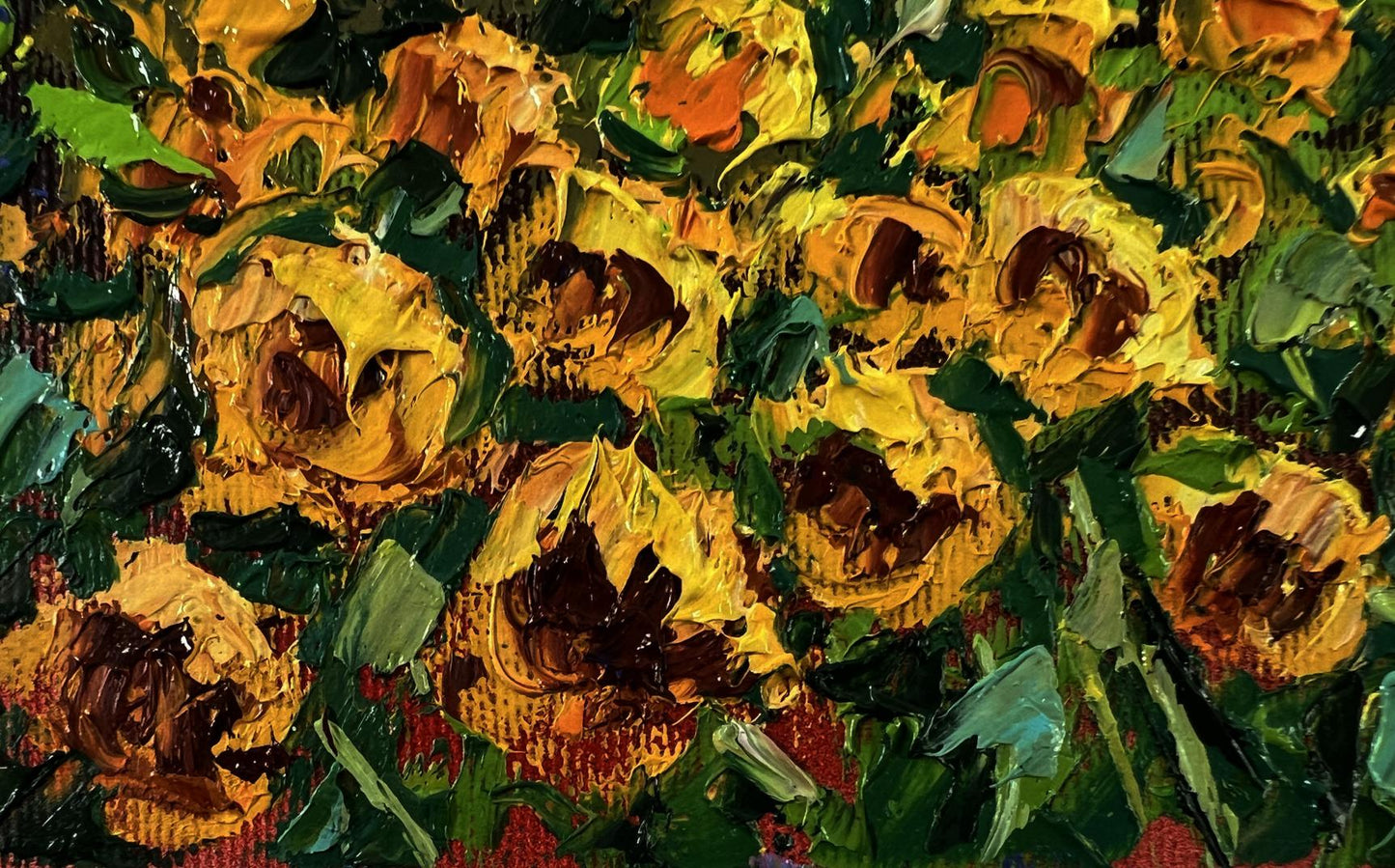 Vibrant yellow sunflowers oil painting Sunny day in the village by Oksana Ivanyuk