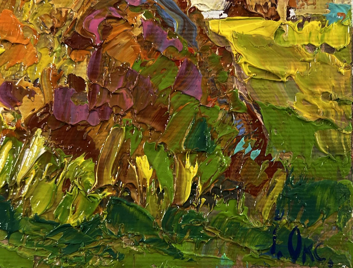Vibrant oil painting of village courtyard by Oksana Ivanyuk