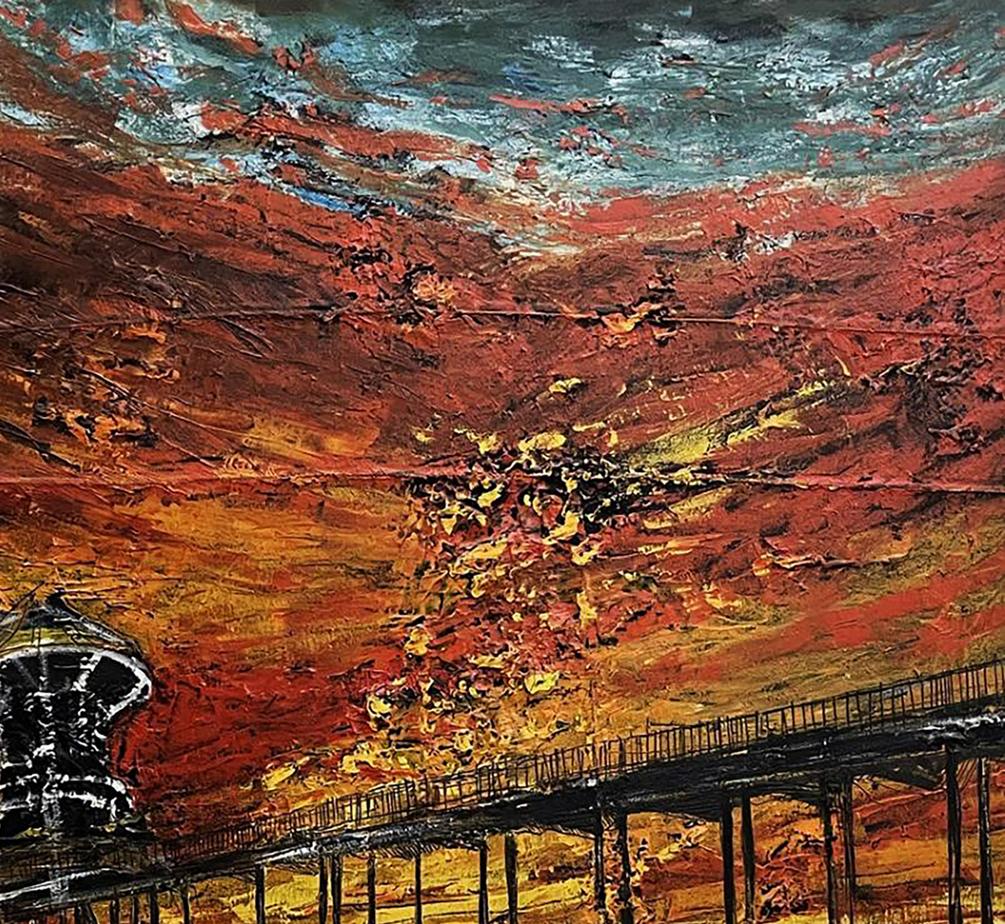 Oil painting of vibrant red orange sunset pier by Serhiy Kovalev
