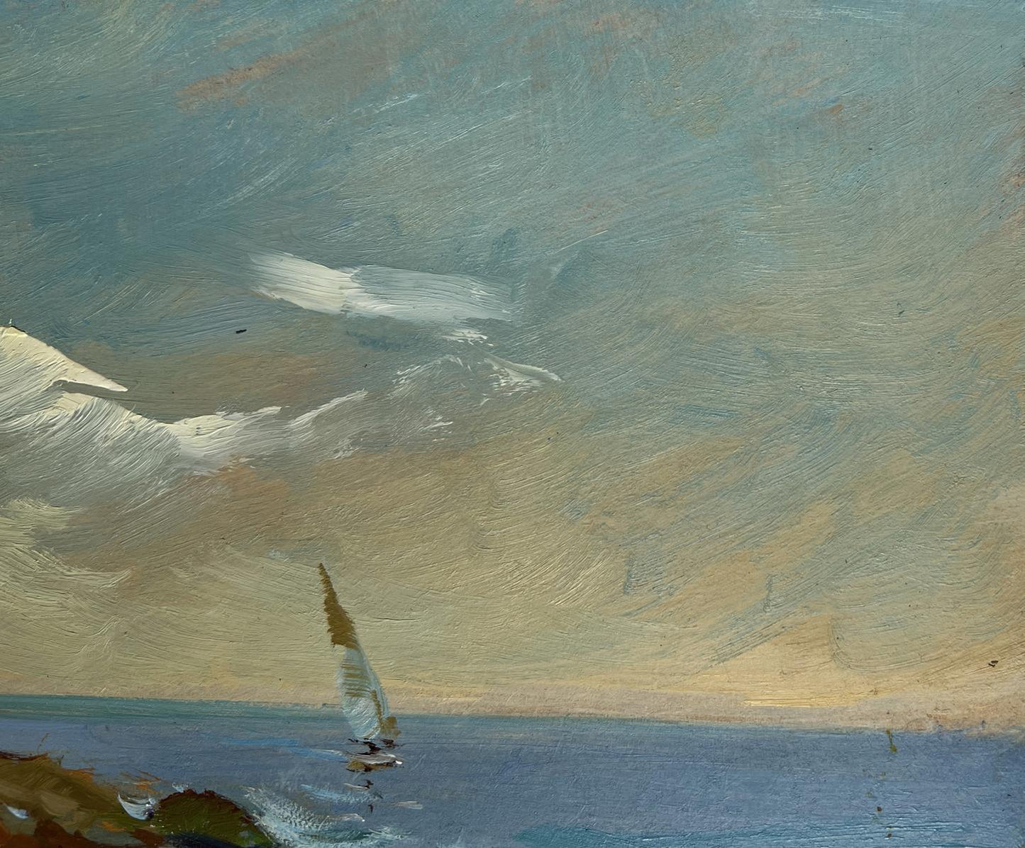 Oil painting of sailboat admiring sunset at sea by Yuriy Suprunchuk
